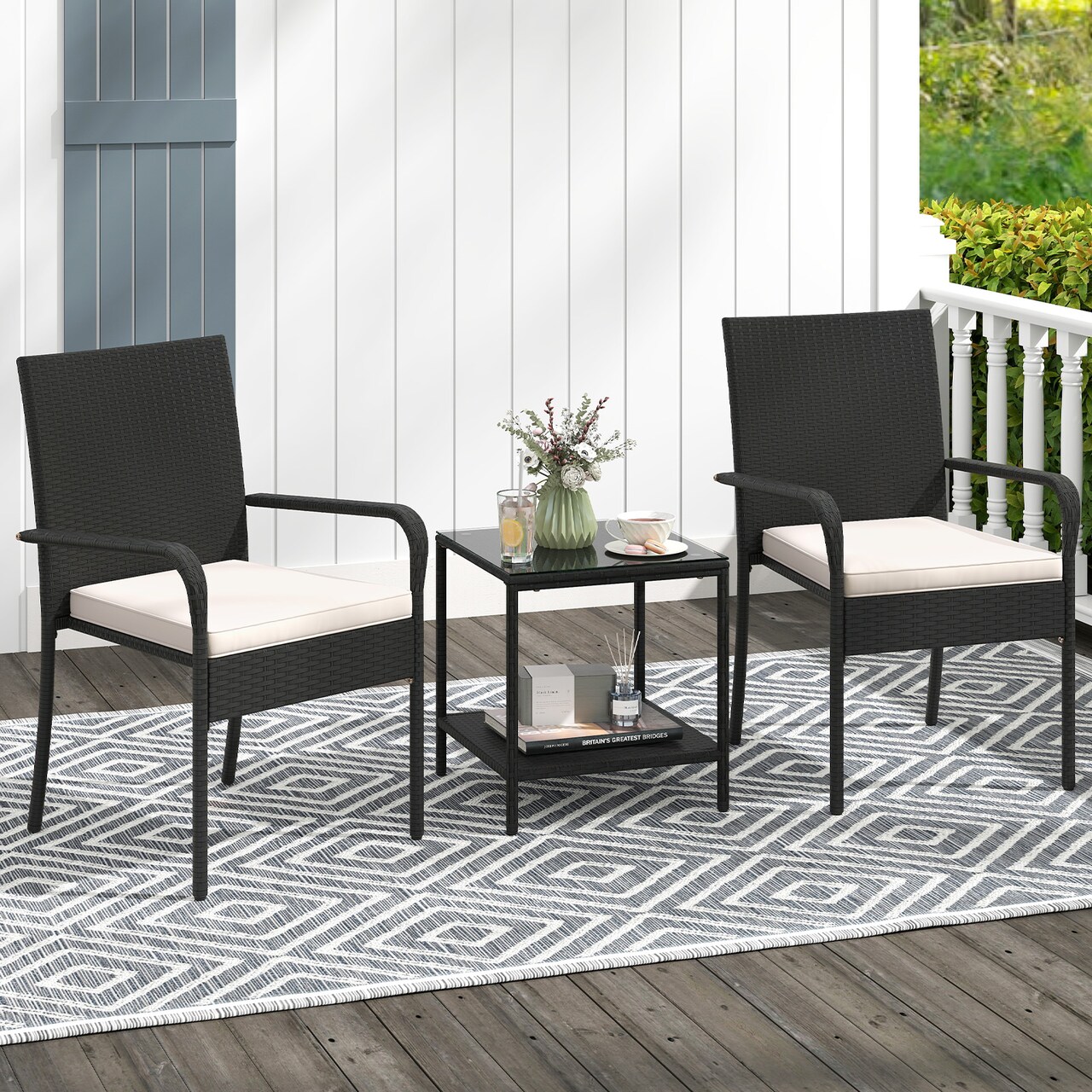 3-Piece Hand-Woven PE Rattan Garden Bistro Set with Cushioned Chairs and Double-Tier Table